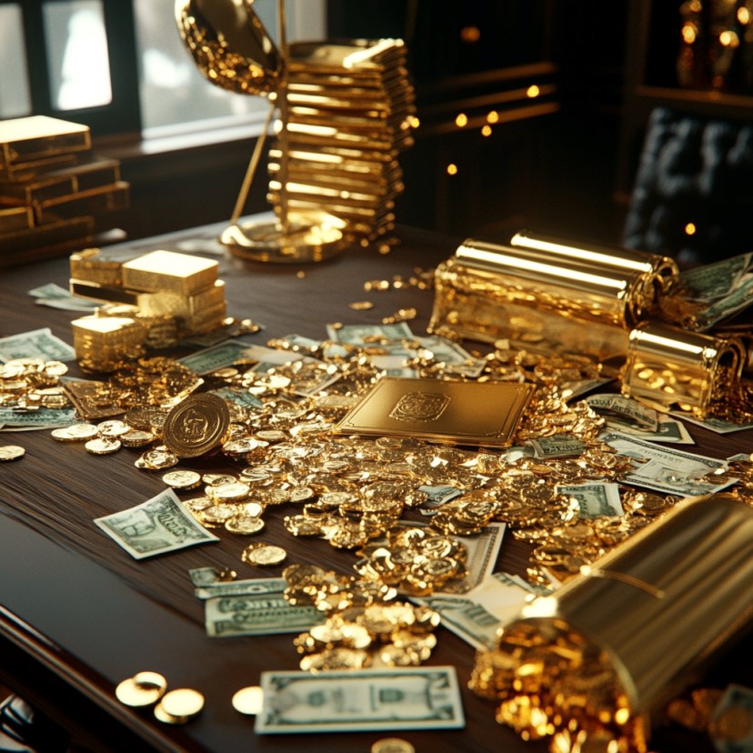 Een tafel vol met goud en geld.